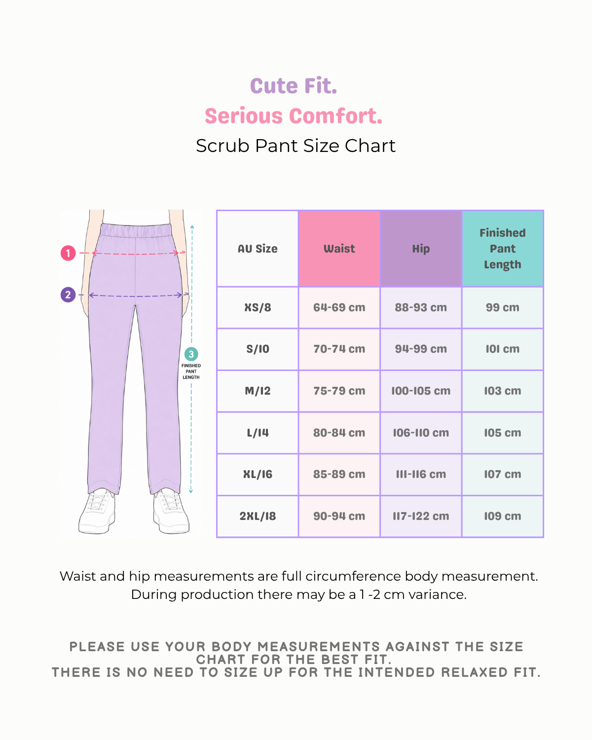Smoochy Scrubs Studio pants size guide